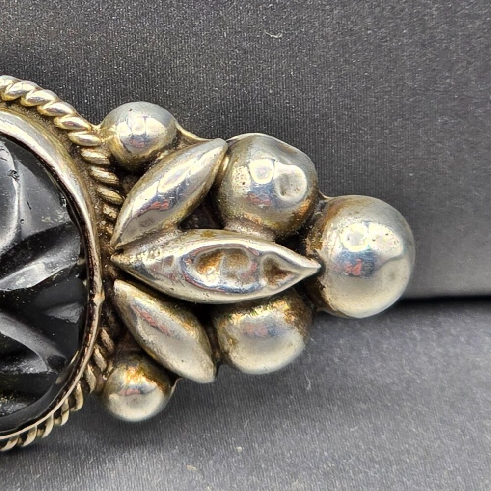 VTG Sterling Silver Black Onyx Brooch 2" Carved Face Mexico Tribal Style 7.65g - Picture 3 of 12